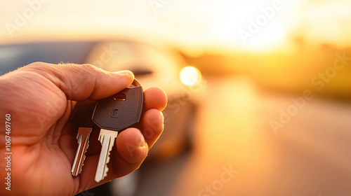 Close-up of hand holding car keys with warm sunset in background. AI-generated