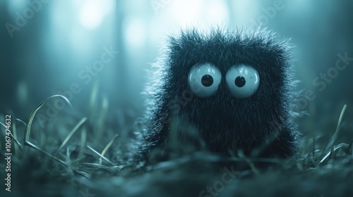 A small, fuzzy creature with large eyes stares curiously in a misty, atmospheric forest setting, evoking charm and intrigue in a whimsical natural world.