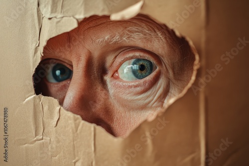 Blank cardboard shape craft paper eye hole older man 60 years observing discreetly idea of secrecy spying surveillance facial recognition