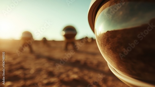 Three reflective, spherical helmets stand in a barren desert landscape, capturing the essence of exploration, innovation, and cosmic mysteriousness at dawn.