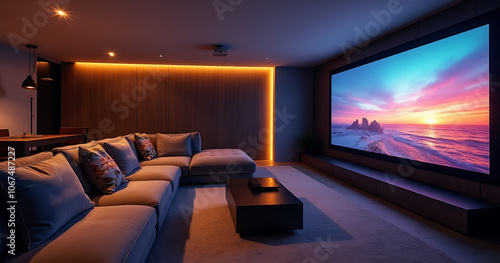 Modern living space features a sleek video projector and plush sofa for an enjoyable entertainment experience always