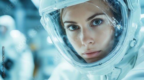 A striking image of an astronaut contemplating the mysteries of space, with her clear, reflective helmet encapsulating the spirit of exploration and human curiosity.