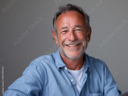 Portrait d'un homme de 60 ans habillé pour le travail, avec une chemise : senior actif au travail, diversité en entreprise sur fond gris