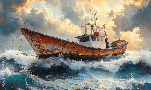 fishing boat on calm sea original oil painting on canvas, realism painting part of gallery collection, summer mood inspiration 