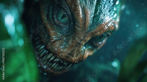 A close-up of a sinister reptilian creature with fierce green eyes and sharp teeth amidst an eerie setting, evoking a sense of fear and primal danger.