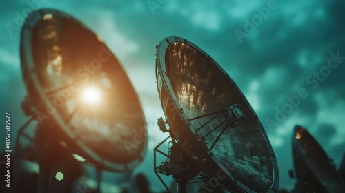 A trio of satellite dishes aims skyward beneath stormy clouds, capturing signals and showcasing the interplay between technology and the natural world in modern times.