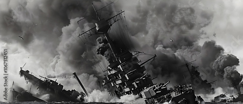 The image depicts the Japanese attack on Pearl Harbor, showcasing chaos, destruction, and historical significance.