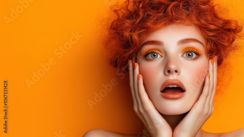 A red-haired woman with striking red makeup expresses surprise against a vibrant orange background, highlighting boldness and vividness in color and emotion.