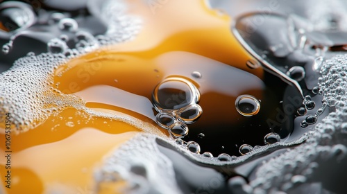 An intense close-up visualizes bubbles emerging in a captivating blend of golden and black hues, capturing a rich sense of depth, contrast, and texture.