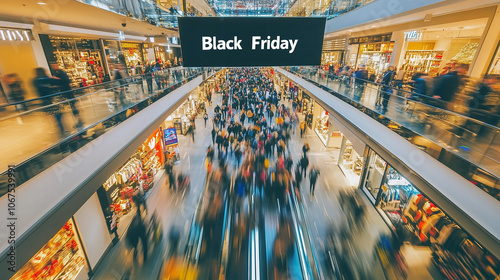 Baner Black Friday rozciąga się nad zatłoczonym centrum handlowym, gdzie zadowoleni klienci odkrywają promocje, a cała atmosfera tętni radością i energią zakupów.