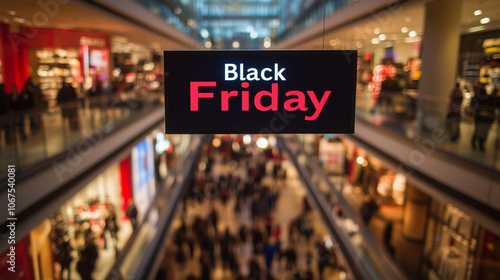 Baner Black Friday rozciąga się nad zatłoczonym centrum handlowym, gdzie zadowoleni klienci odkrywają promocje, a cała atmosfera tętni radością i energią zakupów.