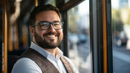 Zadowolony biznesmen w autobusie, który zmierza do pracy. Jego decyzja o korzystaniu z transportu publicznego podkreśla jego zaangażowanie w redukcję zanieczyszczeń powietrza.