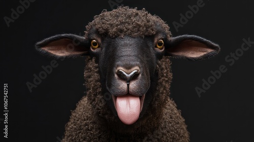 Funny sheep. Portrait of sheep showing tongue.