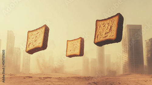 Three slices of toasted bread floating in a hazy desert urban landscape with tall buildings