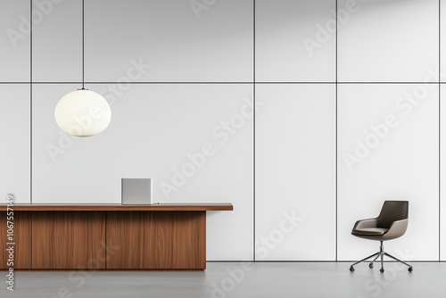 Minimalist workspace with clean lines, natural wood desk, and soft light, evoking simplicity, productivity, and modern design