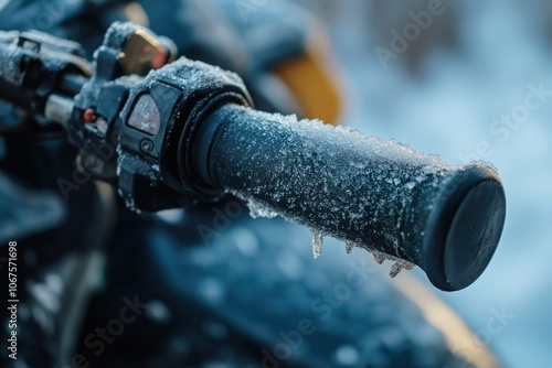 Close-up of snowmobile throttle covered in frost