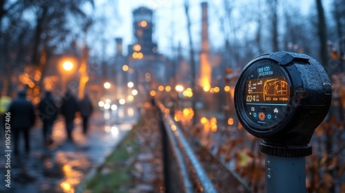 A digital gas meter stands amidst an urban night scene, its futuristic interface glowing softly, reflecting technological advancement and smart infrastructure evolution.