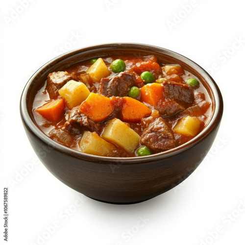 A bowl of chunky beef stew with vegetables, isolated on a white background, showcasing a hearty meal