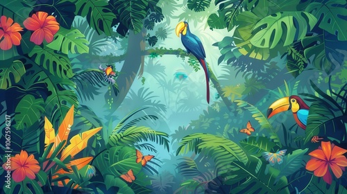 A lush rainforest with colorful macaws, toucans, and a jaguar prowling through the undergrowth