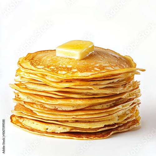 A stack of golden pancakes with a pat of melting butter on top, isolated on a white background, showcasing a classic breakfast dish