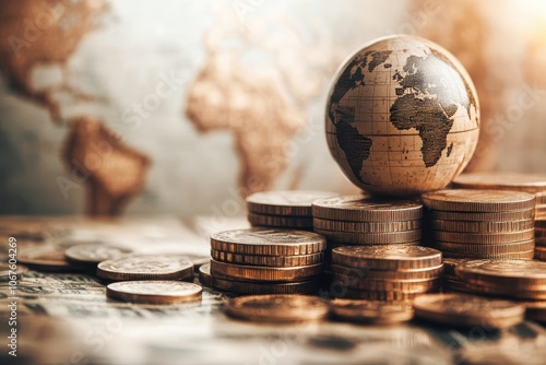 A globe resting on stacks of coins with a world map in the background displaying global finance