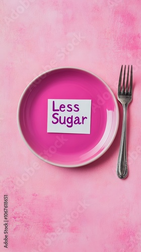 Overhead shot of a pink empty plate with a less sugar note and a fork on a pink background promoting a sugar free or low sugar lifestyle for better health