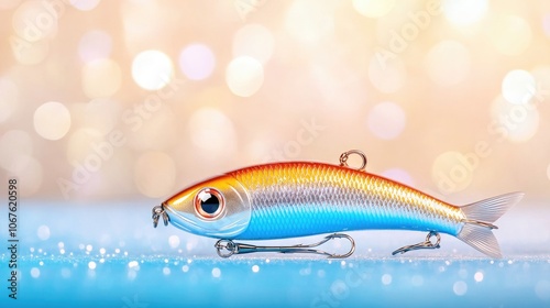 Captivating close-up of metallic fishing lures resting on a table with vibrant bokeh lighting, showcasing detail and craftsmanship