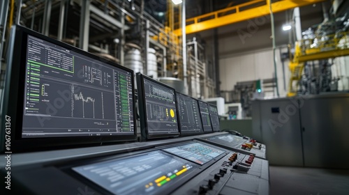 Industrial IoT Factory Setup, advanced sensors and monitors display real-time production data, showcasing a modern automated manufacturing environment, enhancing efficiency and connectivity