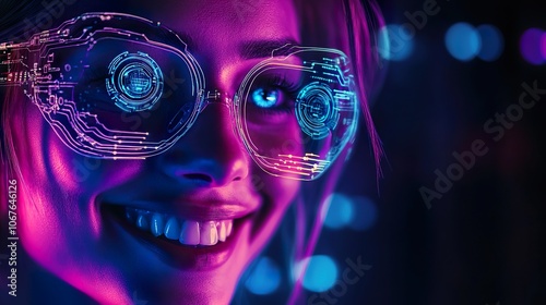 A woman wearing futuristic augmented reality glasses with a brig