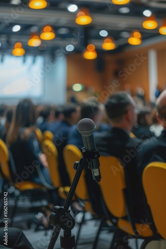 A professional microphone on a stand, likely for an event or presentation.