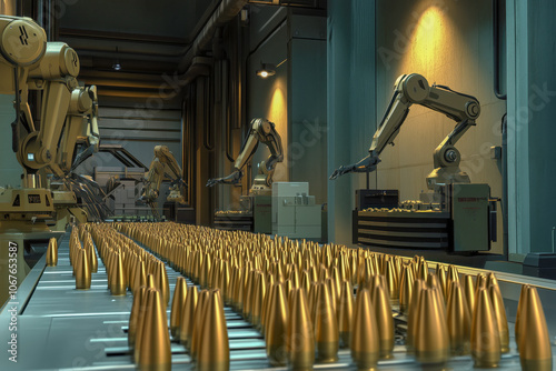 Automated production line of an ammunition factory, with robotic arms assembling and inspecting bullets