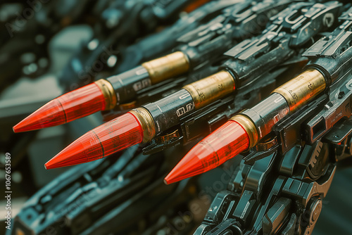 Automated production line of an ammunition factory, with robotic arms assembling and inspecting bullets