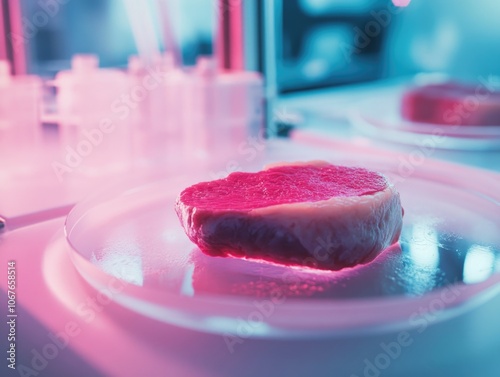 Piece of meat is on a plate in front of a machine. The meat is pink and he is cooked. The machine is likely a scientific instrument used for testing or analyzing the meat