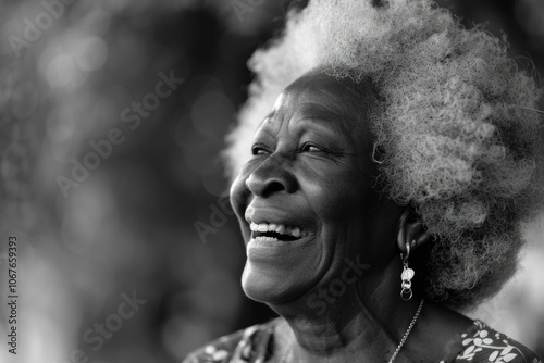 Joyful African senior woman in black and white portrait.