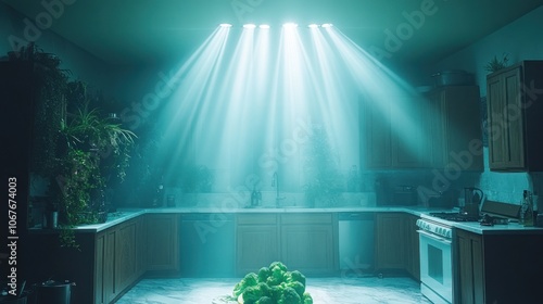 A kitchen interior with dramatic lighting, plants, and a single piece of broccoli in the foreground.