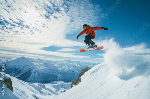 Snowboarder jumping on snowy mountain slope on sunny day