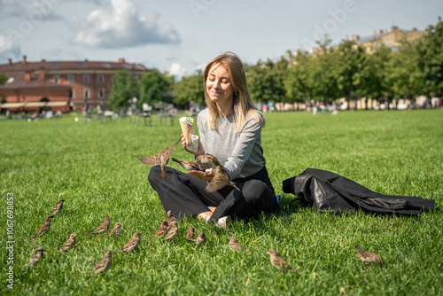 Young girl sitting in central city park on grass and holds ice cream cone, feeding birds landing on other hand and enjoy cold sweet dessert in summer sunny day, sparrows beg girl for waffle cone.