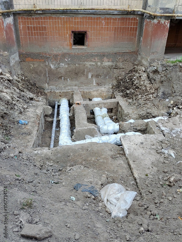 Repair of emergency sewer pipes near the house on the street in the city. The excavated pit is surrounded by a security fence