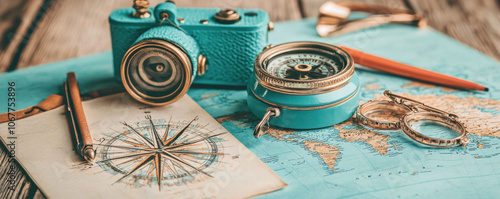 A vintage camera, compass, pen, and a navigational map create a nostalgic travel theme on a rustic wooden surface.