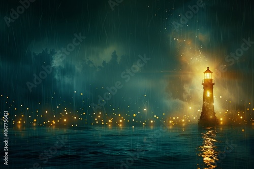 The lighthouse stands tall against a backdrop of turbulent waters and dark clouds. Its warm light pierces through the rain, guiding lost ships while illuminating the swirling mist and reflections.