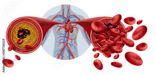 Atherosclerosis medical condition as Blocked Human Artery concept and restricted blood flow in arteries as a blood vessel disease with cholesterol fat buildup clogging or blocking circulation.