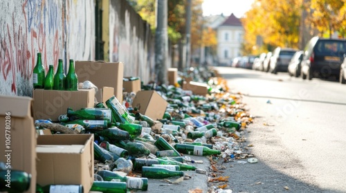 Littered street with discarded bottles and boxes in autumn sunlight