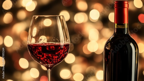 Glass of Red Wine with Bottle and Festive Lights