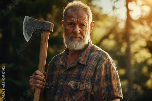 A senior woodsman clad in plaid shirt is pictured standing in a sunlit forest, carrying an axe over his shoulder, radiating strength and resilience.