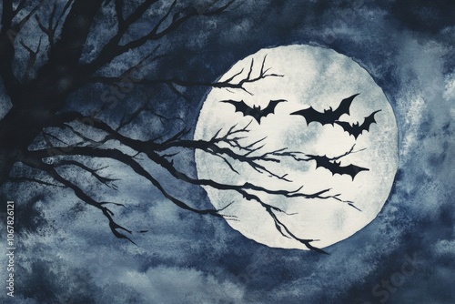 A silhouetted scene of bats flying across a large full bright moon, with dark ominous branches crisscrossing in the foreground in a mysterious night setting.