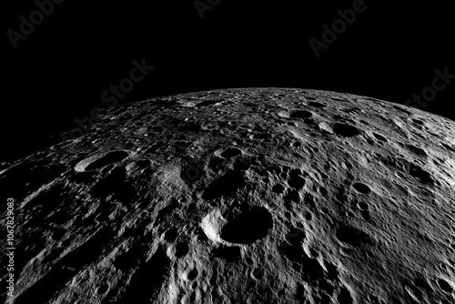 A heavily cratered celestial surface, marked by innumerable impact craters, sprawls out under a black sky, illustrating the scars of time and cosmic activity.