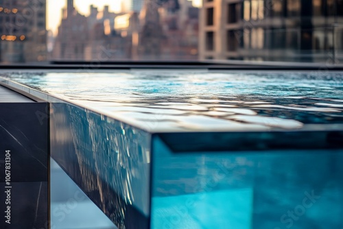 A pool highlights its modern design as it sits adjacent to an impressive cityscape, capturing the warm hues and stunning reflections during the golden hour.