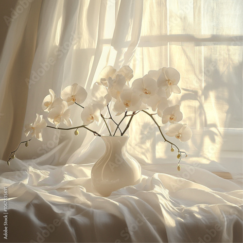 A vase filled with white orchid flowers was placed on a table with white sheets. Next to the window with white curtains, light shone outside.