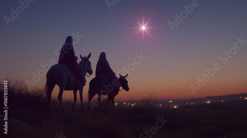 Silhouette desert background, Mary and Joseph travel on donkey, walk toward nativity scene, embody journey of faith in Christianity as they approach birthplace of Jesus Christ guide by shine star.