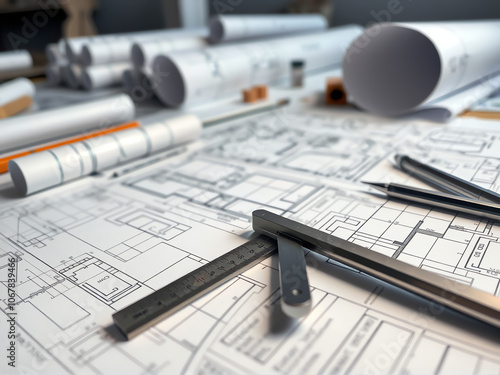 Detailed architectural plans and drafting tools arranged on a work desk showcasing an intricate design process